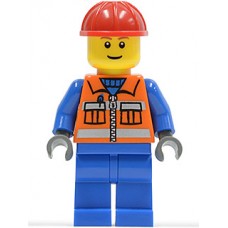 cty009 Construction Worker - Orange Zipper, Safety Stripes, Blue Arms, Blue Legs, Red Construction Helmet